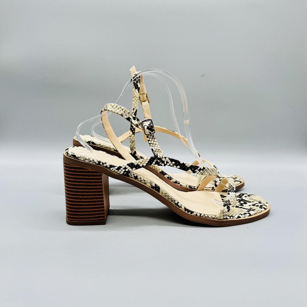 Halston Sandals Women 11 White Black Croc Vegan Leather Strappy Block Heel Shoes
